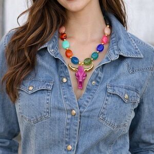 Multicolor Beaded Necklace with Pink Bull Pendant.